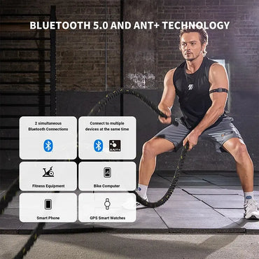 Man using resistance bands with fitness technology features displayed on screen