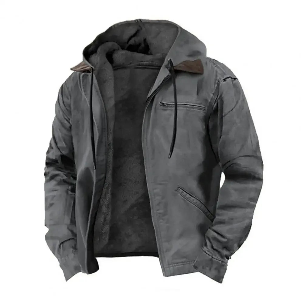 Men’s Hooded Winter Jacket with Plush Lining – Casual Zipper Coat with Multiple Pockets - TREASURE ESHOP