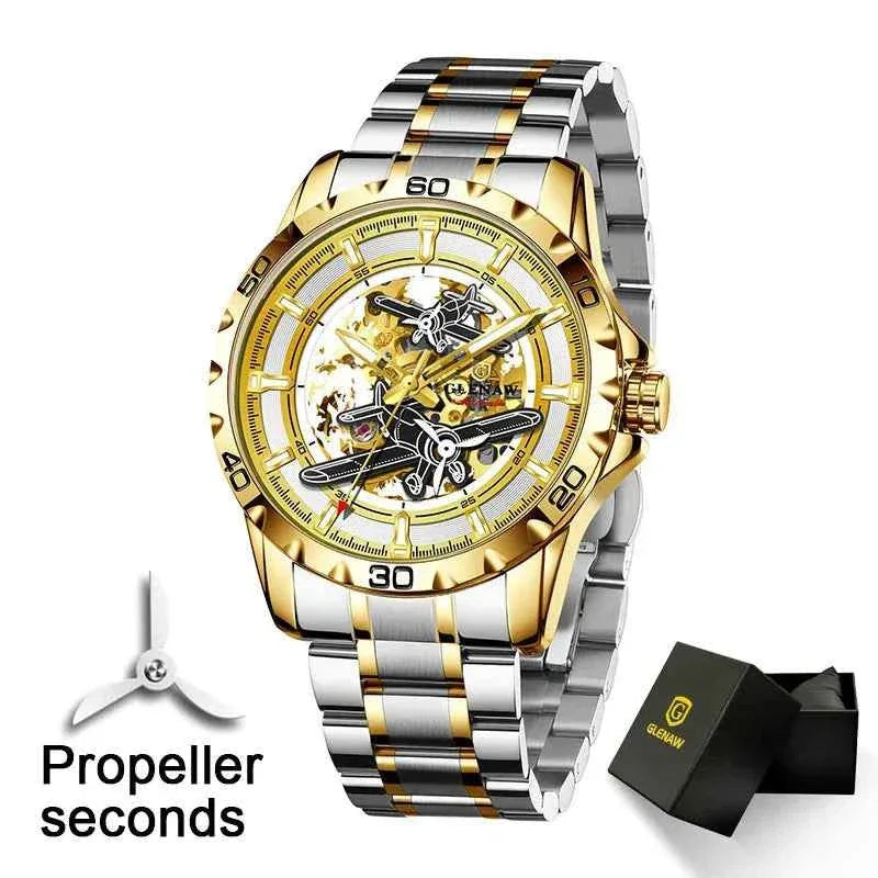 Men Watches Pilot Series Propeller Rotation Hollow Automatic Mechanical Watches waterproof Stainless Steel Watch