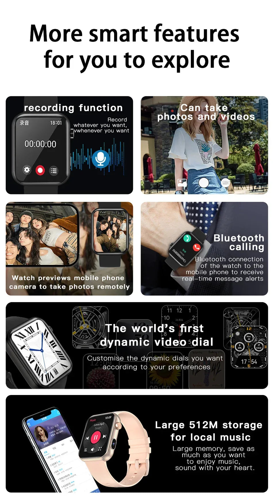 Smart Watch with Camera Video Recording – 1.91” Display, Bluetooth Call, Heart Rate Fitness Tracking | Android iOS - TREASURE ESHOP