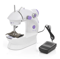White sewing machine with purple accents on a white background