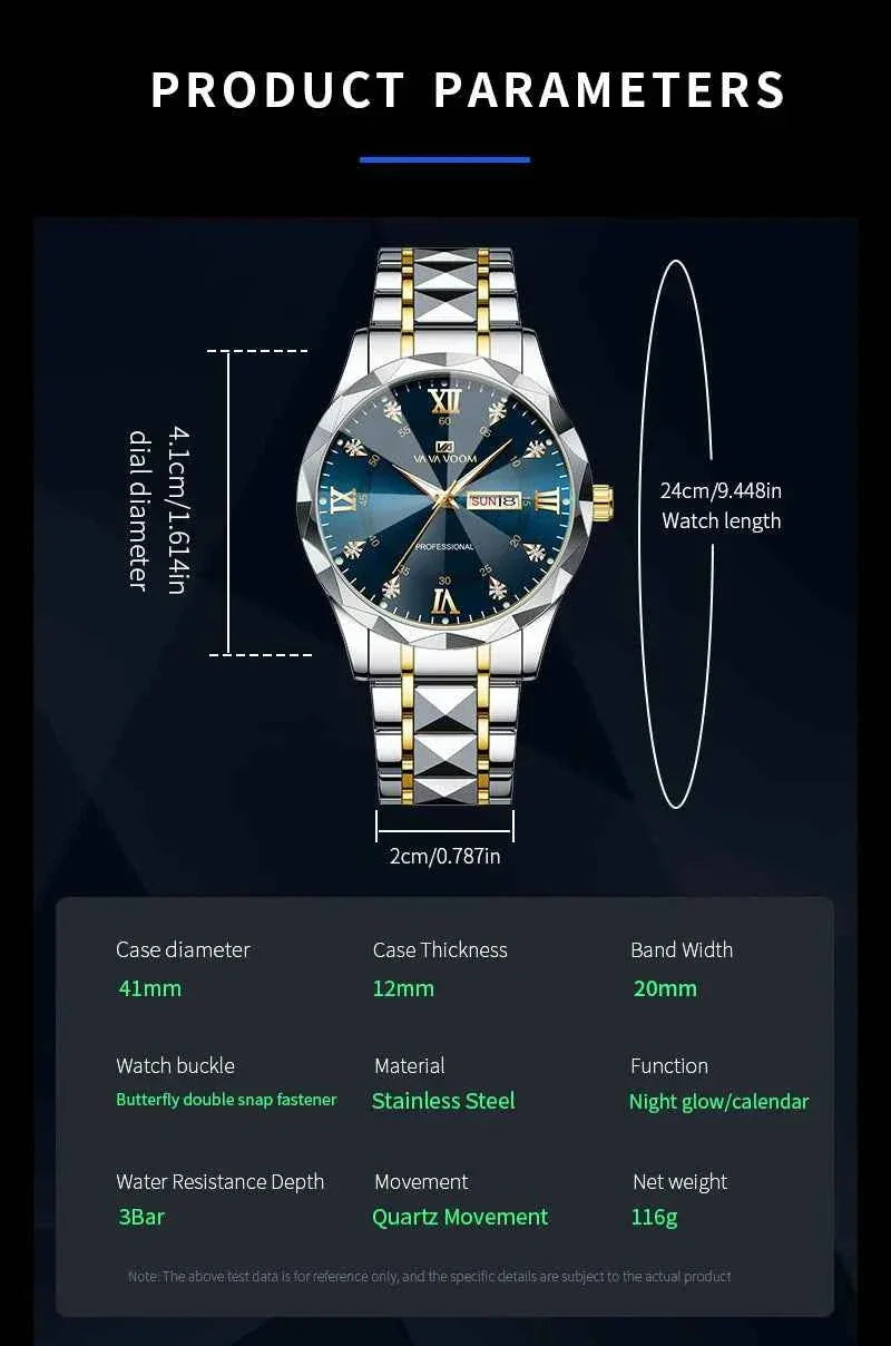 Men’s Water Diamond Luxury Quartz Watch – 41mm Blue Gold Stainless Steel, Night Glow, Double Calendar, Business Watch