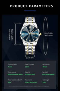 Men’s Water Diamond Luxury Quartz Watch – 41mm Blue Gold Stainless Steel, Night Glow, Double Calendar, Business Watch