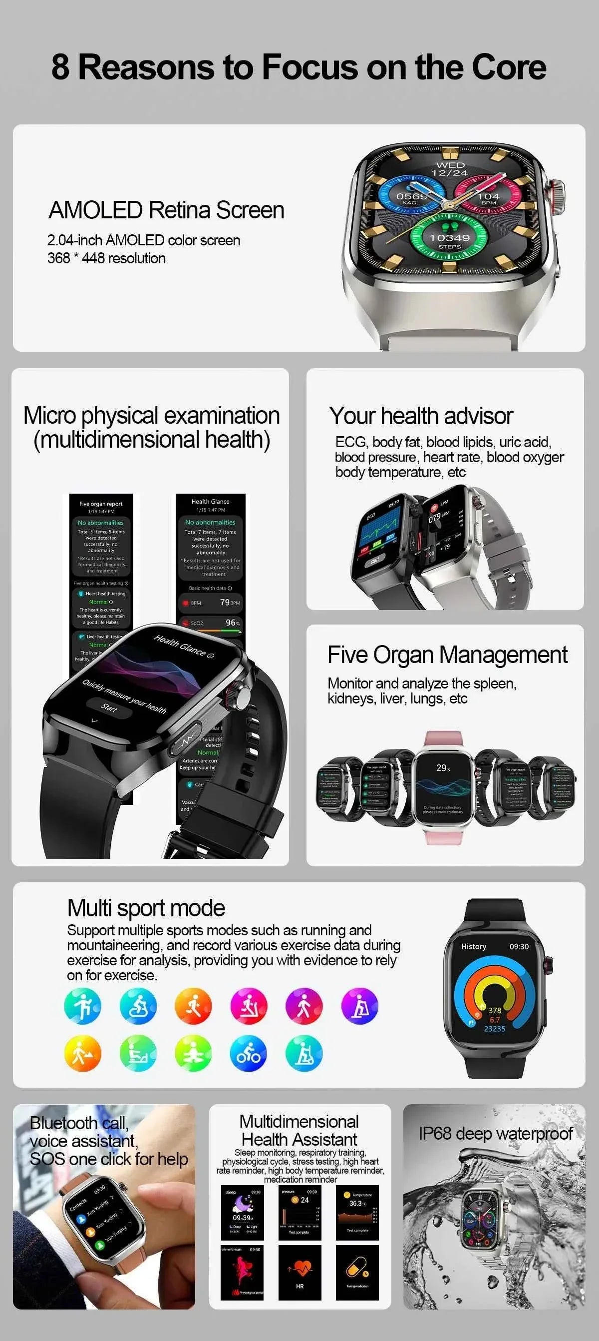 Micro Physical Examination Smartwatch – 2.04” AMOLED Sapphire
