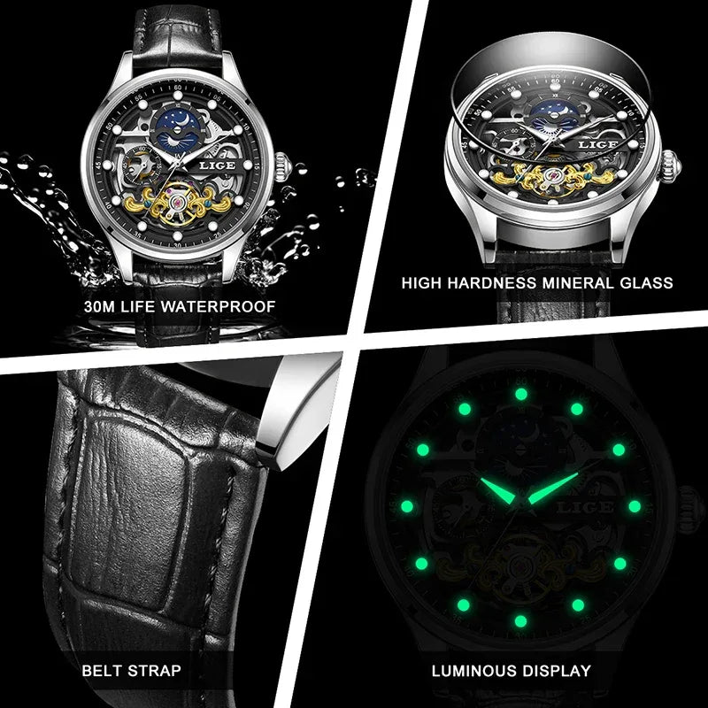 LIGE Men’s Automatic Mechanical Watch – Fashion Waterproof Skeleton Wristwatch - TREASURE ESHOP