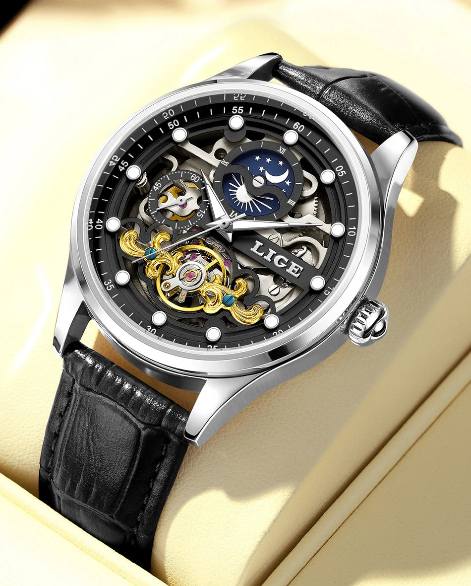 LIGE Men’s Automatic Mechanical Watch – Fashion Waterproof Skeleton Wristwatch - TREASURE ESHOP