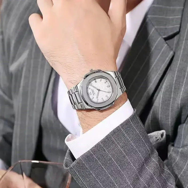 Men’s Big Dial Silver Stainless Steel Quartz Watch – Classic Calendar Wristwatch - TREASURE ESHOP
