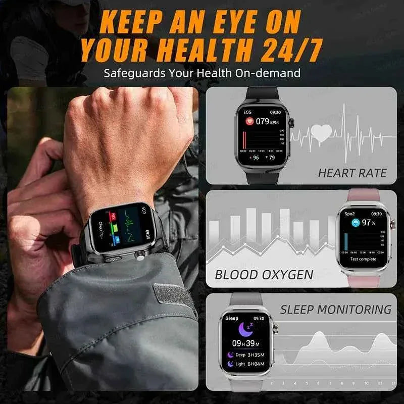 Men’s ECG+PPG Health Smartwatch – 2.04” AMOLED Sapphire, Blood Pressure, Oxygen, ECG, Body Composition, Bluetooth Call, IP68 Waterproof