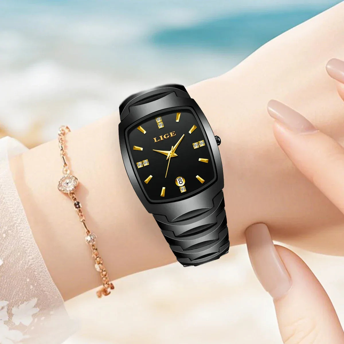 LIGE Luxury Ladies Waterproof Ceramic Watch – Elegant Quartz Wristwatch with Square - TREASURE ESHOP