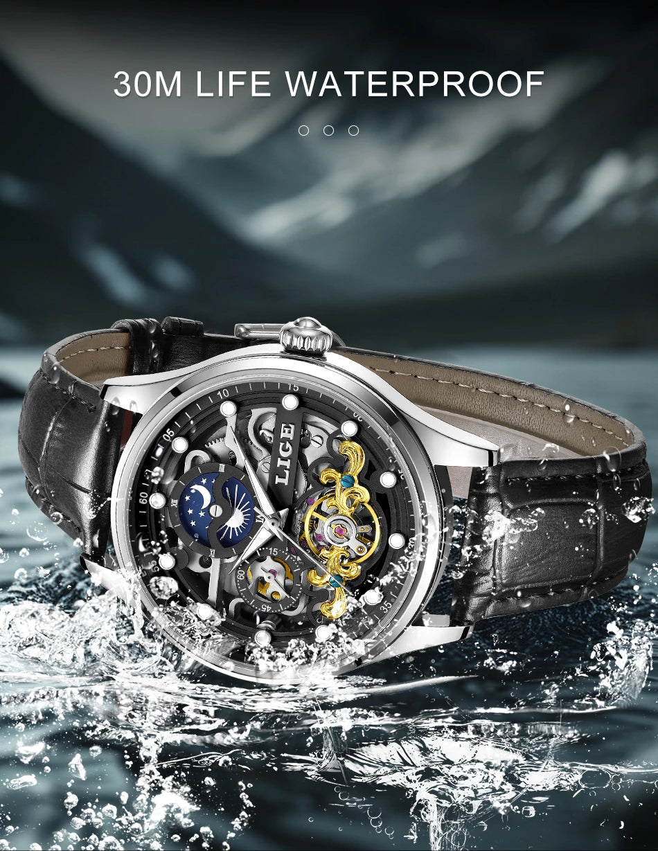 LIGE Men’s Automatic Mechanical Watch – Fashion Waterproof Skeleton Wristwatch - TREASURE ESHOP