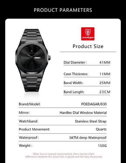 Military Men’s Quartz Watch – Waterproof Stainless Steel Luxury Wristwatch with Week Calendar - TREASURE ESHOP