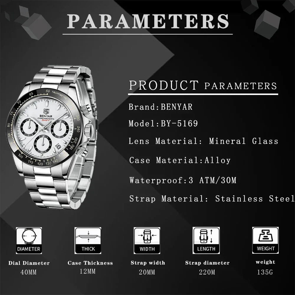 Luxury Men’s Chronograph Sport Watch – Stainless Steel, Waterproof Quartz Wristwatch - TREASURE ESHOP