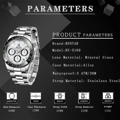 Luxury Men’s Chronograph Sport Watch – Stainless Steel, Waterproof Quartz Wristwatch - TREASURE ESHOP