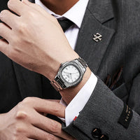 Men’s Big Dial Silver Stainless Steel Quartz Watch – Classic Calendar Wristwatch - TREASURE ESHOP