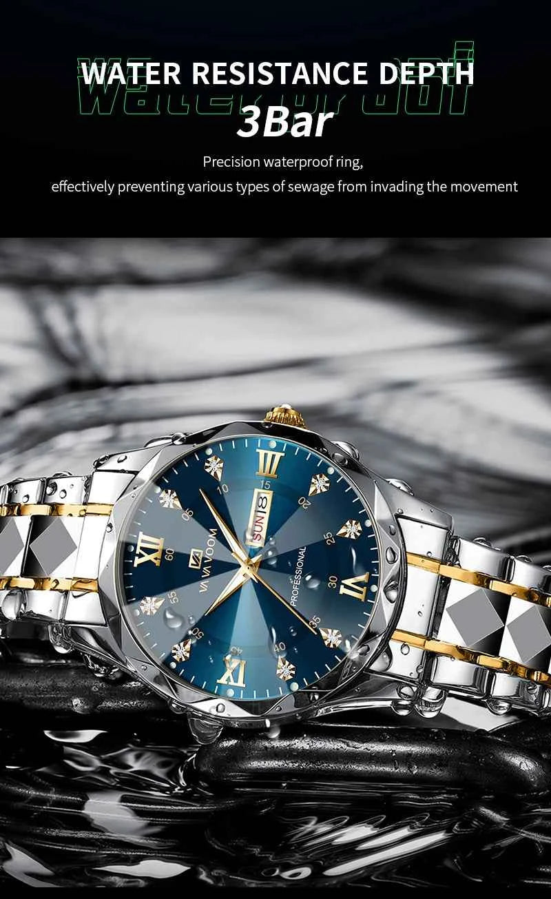 Men’s Water Diamond Luxury Quartz Watch – 41mm Blue Gold Stainless Steel, Night Glow, Double Calendar, Business Watch