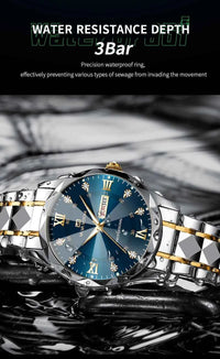 Men’s Water Diamond Luxury Quartz Watch – 41mm Blue Gold Stainless Steel, Night Glow, Double Calendar, Business Watch