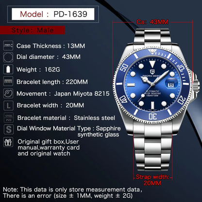 PAGANI DESIGN Automatic Watch Sapphire Glass Mechanical Wristwatch Sports Stainless Steel Waterproof Men Watch - TREASURE ESHOP