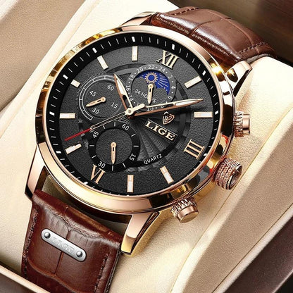 LIGE Luxury Men’s Leather Watch | Chronograph Quartz Waterproof - TREASURE ESHOP