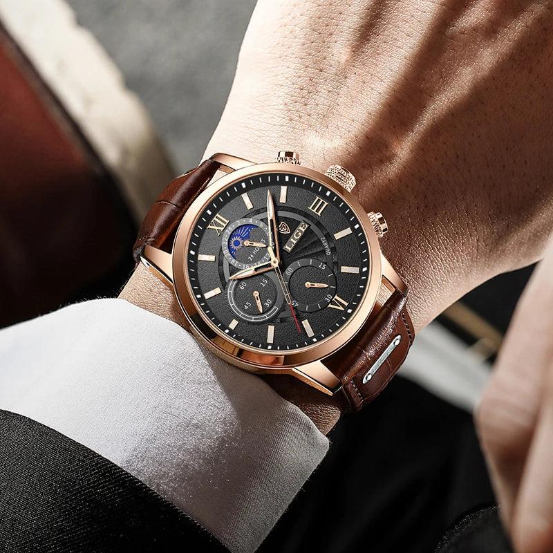 LIGE Luxury Men’s Leather Watch | Chronograph Quartz Waterproof - TREASURE ESHOP
