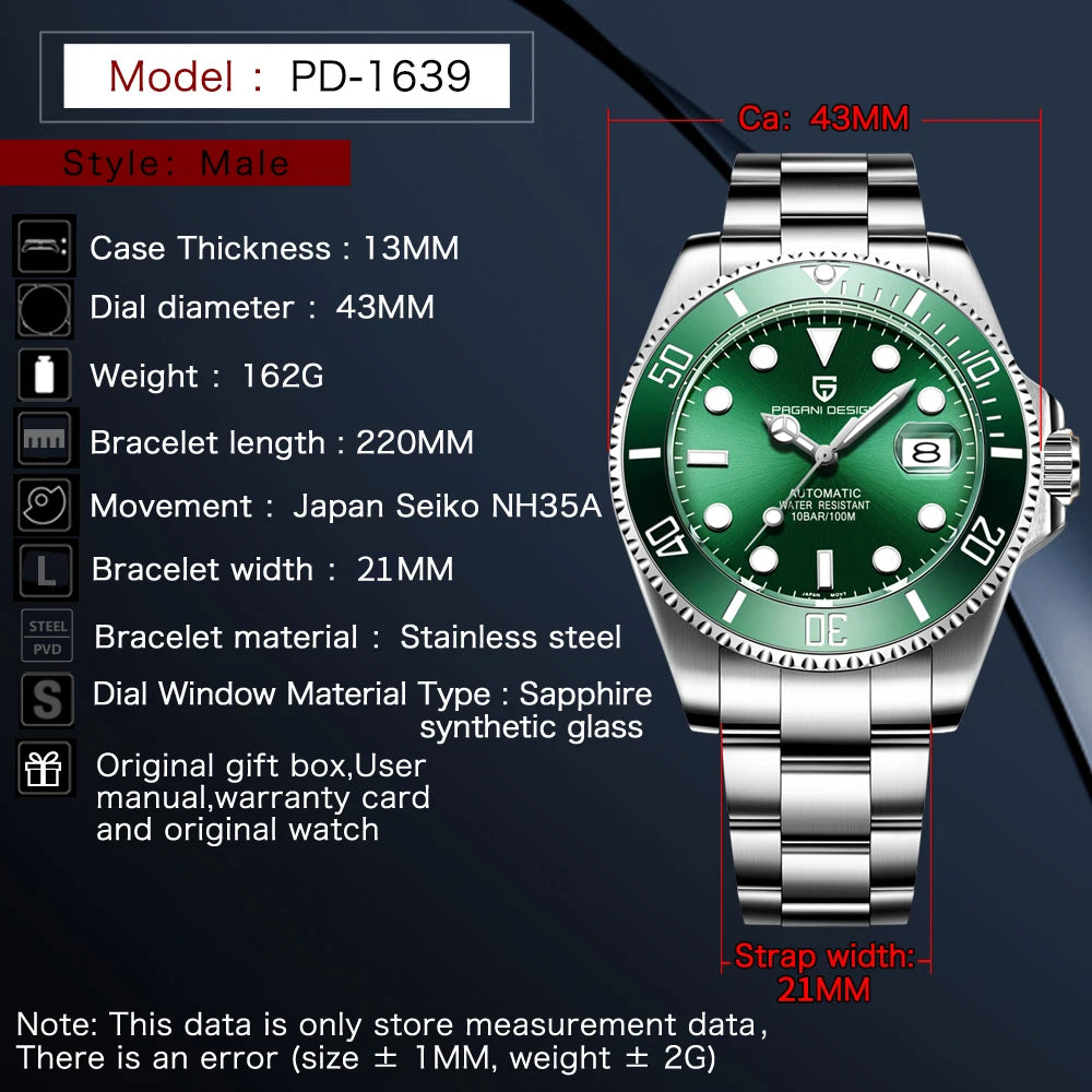 PAGANI DESIGN Automatic Watch Sapphire Glass Mechanical Wristwatch Sports Stainless Steel Waterproof Men Watch - TREASURE ESHOP