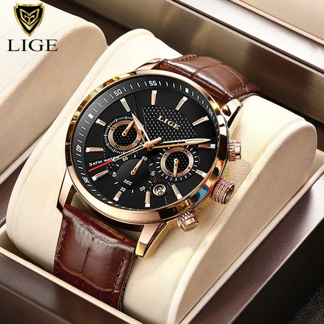 LIGE Luxury Men’s Leather Watch | Chronograph Quartz Waterproof - TREASURE ESHOP