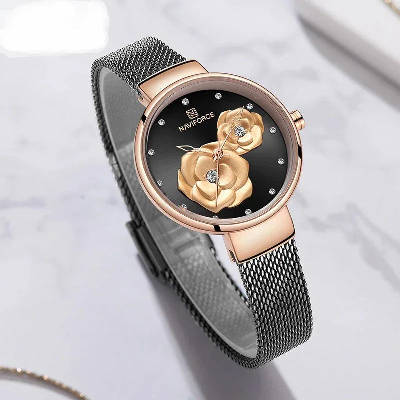 Ladies Luxury 3D Rose Quartz Watch – Creative Stainless Steel Waterproof Women’s - TREASURE ESHOP