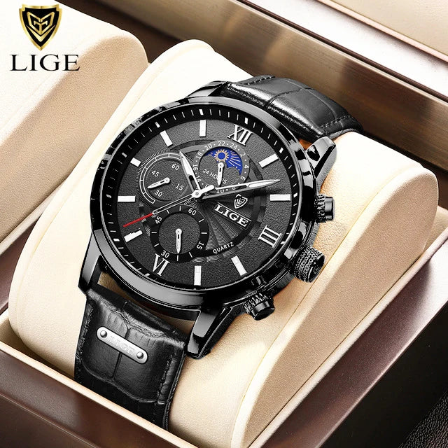 LIGE Luxury Men’s Leather Watch | Chronograph Quartz Waterproof - TREASURE ESHOP