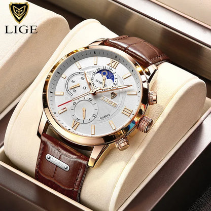 LIGE Luxury Men’s Leather Watch | Chronograph Quartz Waterproof - TREASURE ESHOP