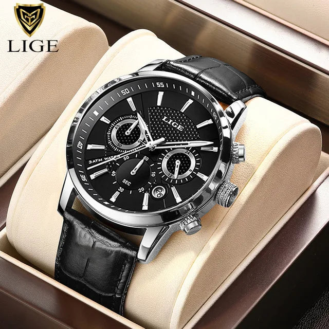 LIGE Luxury Men’s Leather Watch | Chronograph Quartz Waterproof - TREASURE ESHOP