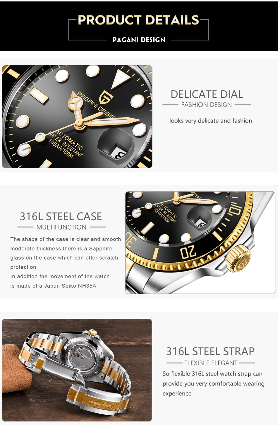 PAGANI DESIGN Automatic Watch Sapphire Glass Mechanical Wristwatch Sports Stainless Steel Waterproof Men Watch - TREASURE ESHOP
