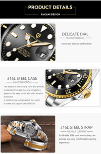 PAGANI DESIGN Automatic Watch Sapphire Glass Mechanical Wristwatch Sports Stainless Steel Waterproof Men Watch - TREASURE ESHOP