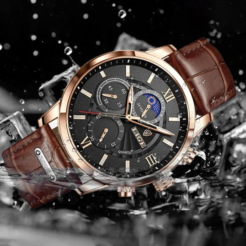 LIGE Luxury Men’s Leather Watch | Chronograph Quartz Waterproof - TREASURE ESHOP