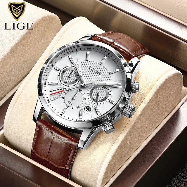 LIGE Luxury Men’s Leather Watch | Chronograph Quartz Waterproof - TREASURE ESHOP