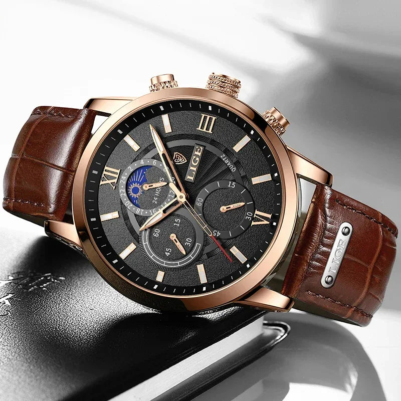 LIGE Luxury Men’s Leather Watch | Chronograph Quartz Waterproof - TREASURE ESHOP