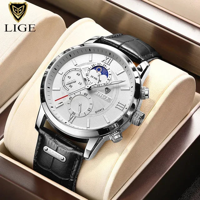 LIGE Luxury Men’s Leather Watch | Chronograph Quartz Waterproof - TREASURE ESHOP