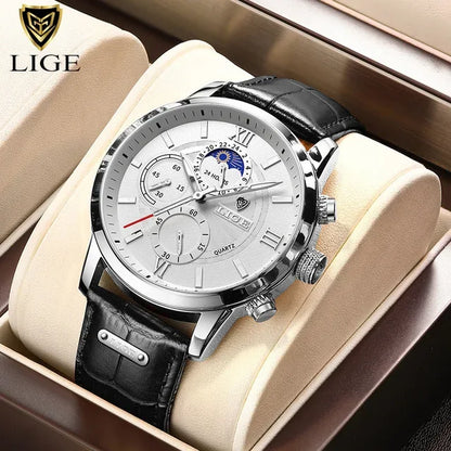LIGE Luxury Men’s Leather Watch | Chronograph Quartz Waterproof - TREASURE ESHOP