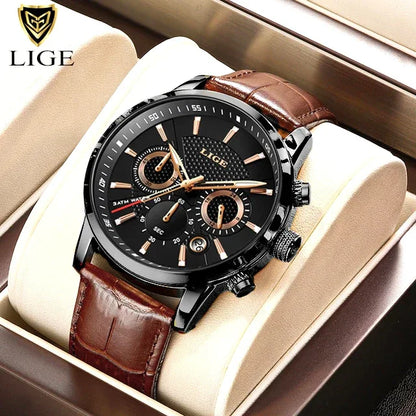 LIGE Luxury Men’s Leather Watch | Chronograph Quartz Waterproof - TREASURE ESHOP