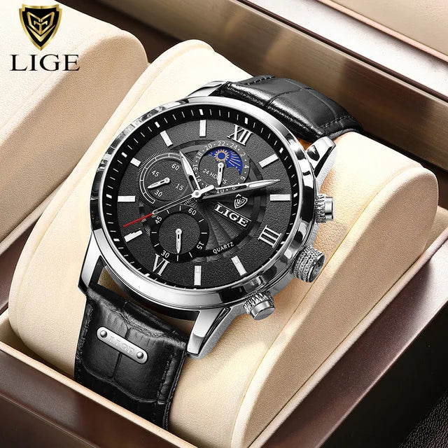 LIGE Luxury Men’s Leather Watch | Chronograph Quartz Waterproof - TREASURE ESHOP