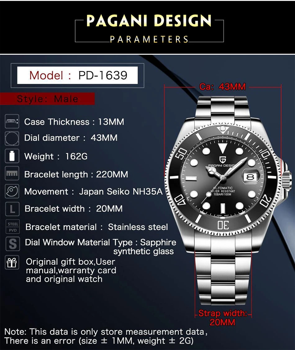 PAGANI DESIGN Automatic Watch Sapphire Glass Mechanical Wristwatch Sports Stainless Steel Waterproof Men Watch - TREASURE ESHOP