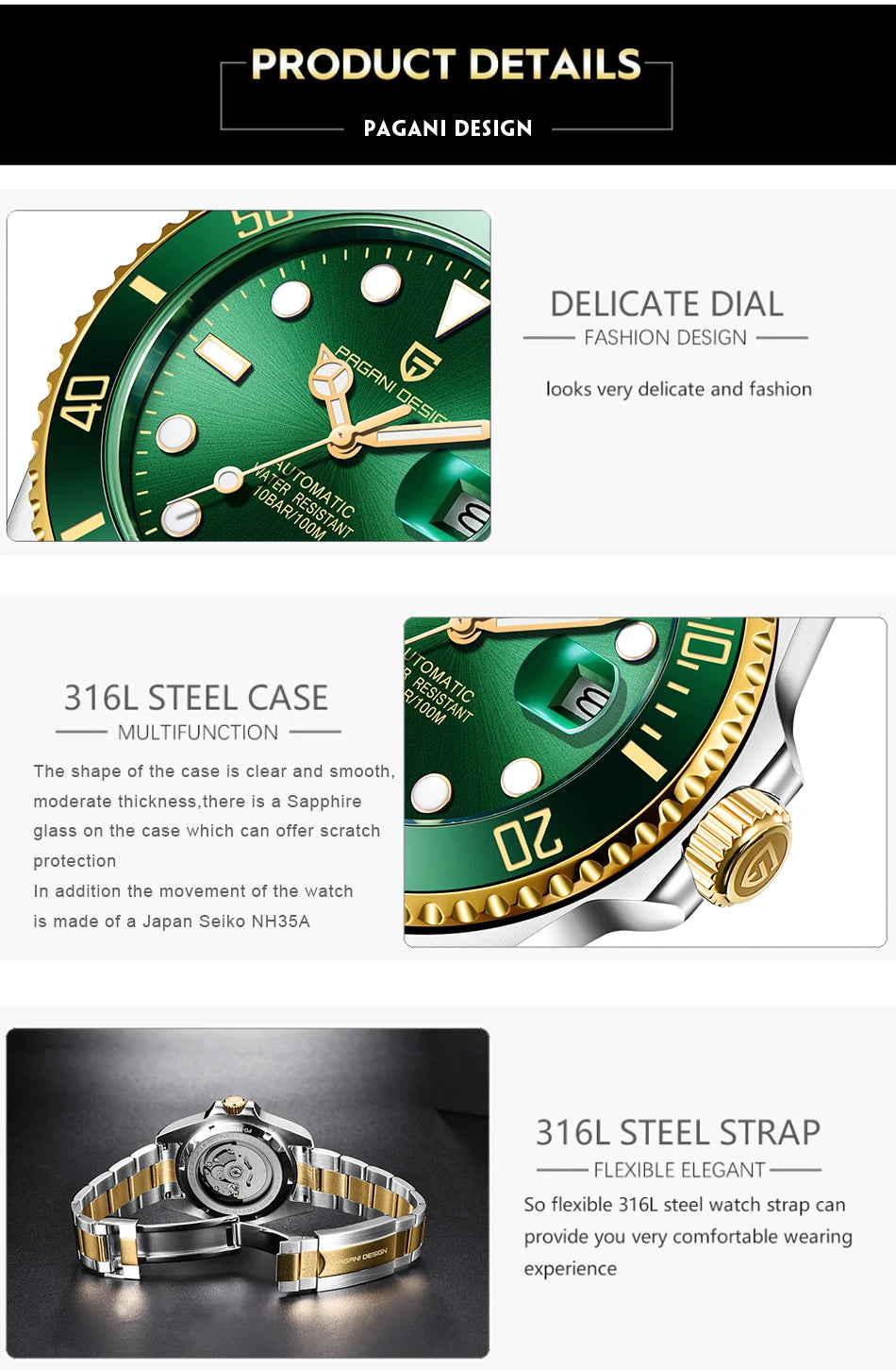 PAGANI DESIGN Automatic Watch Sapphire Glass Mechanical Wristwatch Sports Stainless Steel Waterproof Men Watch - TREASURE ESHOP