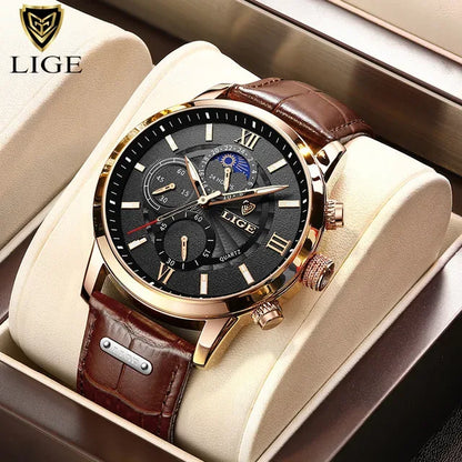 LIGE Luxury Men’s Leather Watch | Chronograph Quartz Waterproof - TREASURE ESHOP