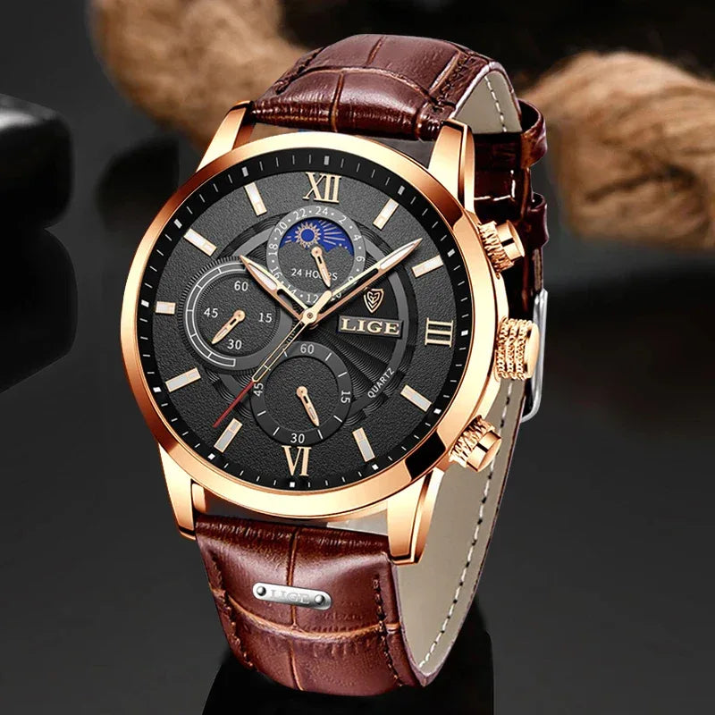 LIGE Luxury Men’s Leather Watch | Chronograph Quartz Waterproof - TREASURE ESHOP