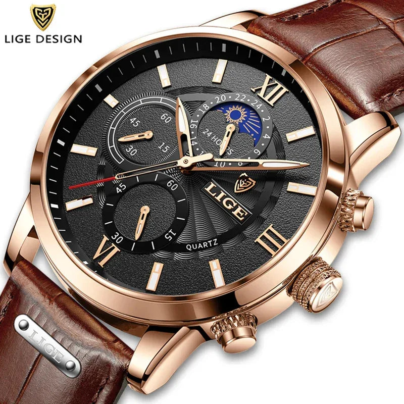 LIGE Luxury Men’s Leather Watch | Chronograph Quartz Waterproof - TREASURE ESHOP