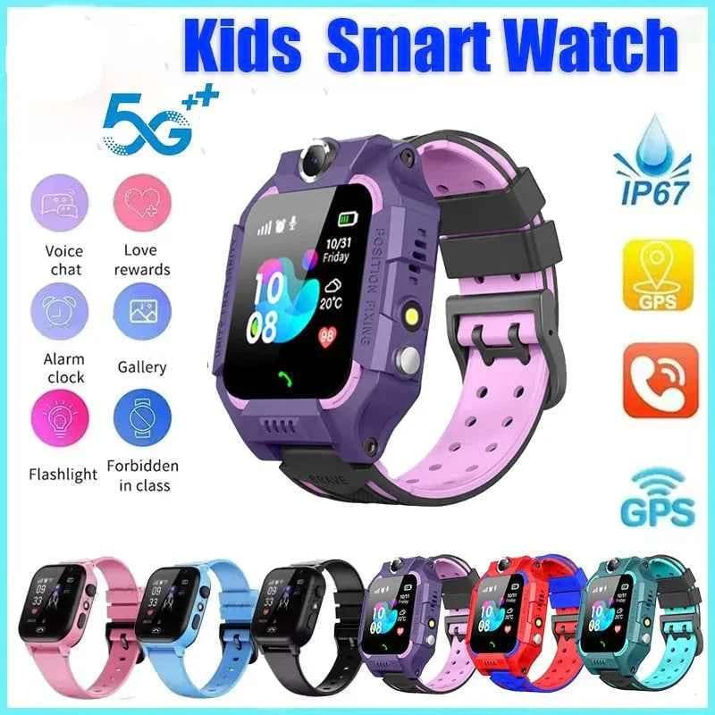 Kids smart watch with multiple color options and features displayed on a white background.