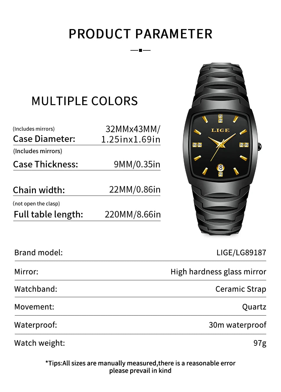 LIGE Luxury Ladies Waterproof Ceramic Watch – Elegant Quartz Wristwatch with Square - TREASURE ESHOP