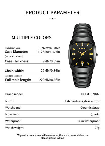 LIGE Luxury Ladies Waterproof Ceramic Watch – Elegant Quartz Wristwatch with Square - TREASURE ESHOP