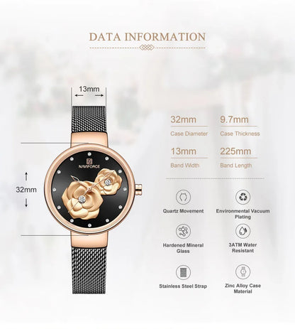 Ladies Luxury 3D Rose Quartz Watch – Creative Stainless Steel Waterproof Women’s - TREASURE ESHOP