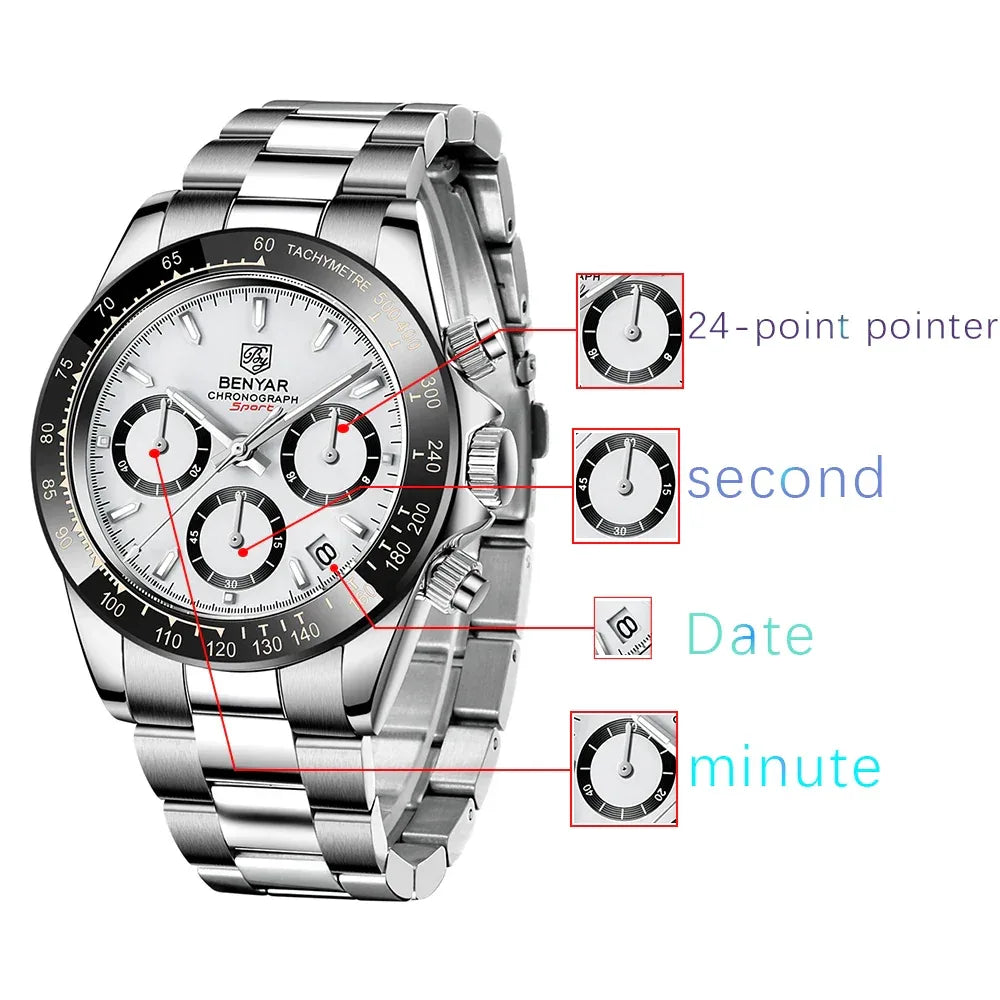 Luxury Men’s Chronograph Sport Watch – Stainless Steel, Waterproof Quartz Wristwatch - TREASURE ESHOP