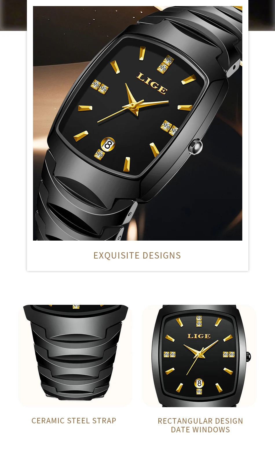 LIGE Luxury Ladies Waterproof Ceramic Watch – Elegant Quartz Wristwatch with Square - TREASURE ESHOP