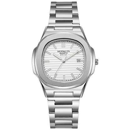 Men’s Big Dial Silver Stainless Steel Quartz Watch – Classic Calendar Wristwatch - TREASURE ESHOP